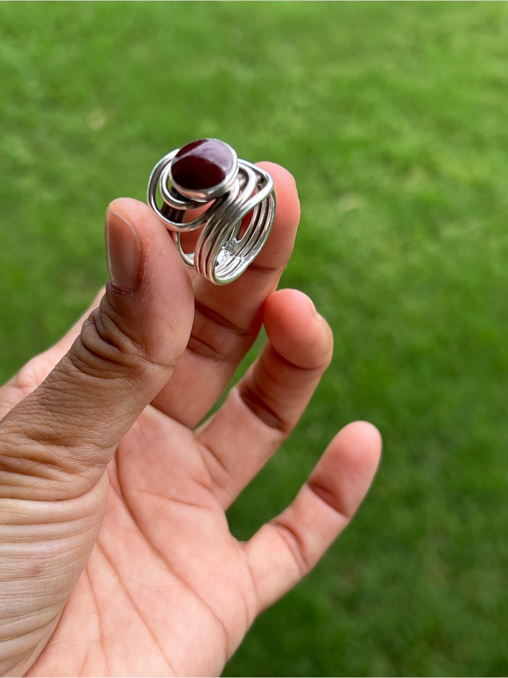 Sterling Silver Wrap Style Ring Deep Red Stone Statement Ring